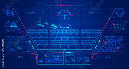 concept of aviation technology or aerospace engineering, graphic of airplane with air control tower interface