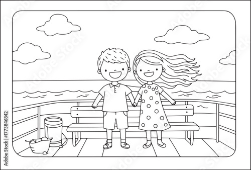 Illustration of joyful couple on a boat trip for coloring activi