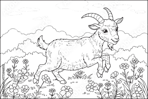 Line art of a happy goat frolicking through a meadow filled with