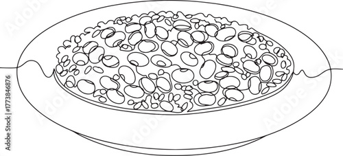 Minimalist line art of a plate full of savory beans, a simple fo