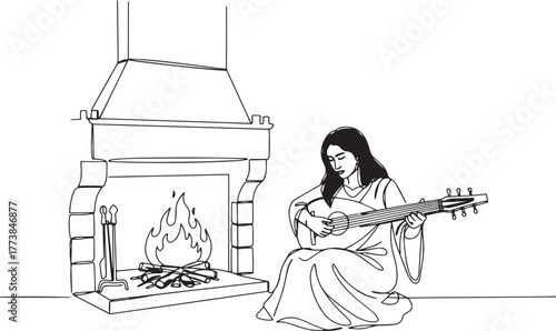 Monoline illustration of a woman playing lute by a cozy fireplac