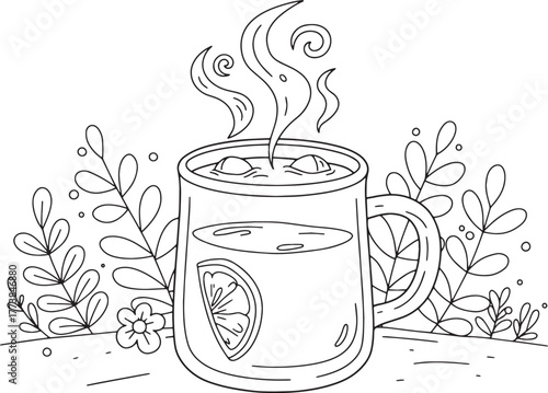 Delightful hot toddy illustration with citrus and botanical elem