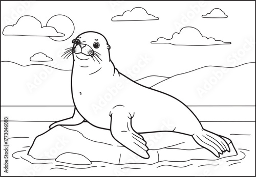 Elegant Sea Lion Illustration Lounging on a Rock, Tranquil Seasc