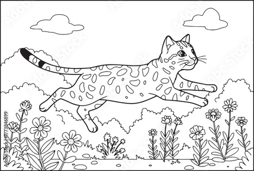 Line art illustration of a toyger cat leaping through a whimsica