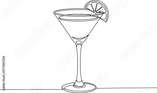 Elegant line art illustration of a martini glass with a citrus g