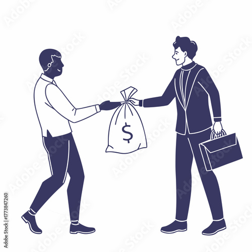 Two men exchanging a money bag with a dollar sign one in a suit holding a briefcase business concept