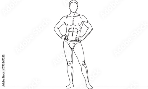Minimalist line art showcasing a muscular man standing with hand