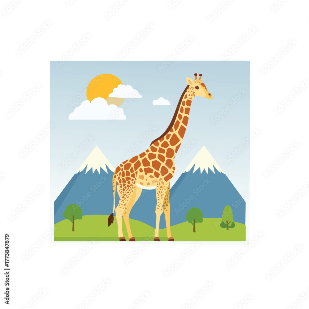 Obraz premium A tall giraffe stands gracefully in a vibrant landscape with mountains, sun, and clouds.