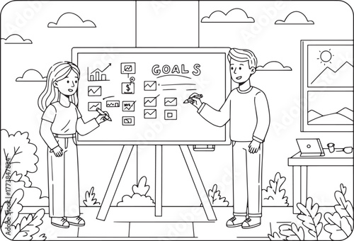 Teamwork visualization illustration: A couple collaboratively pl