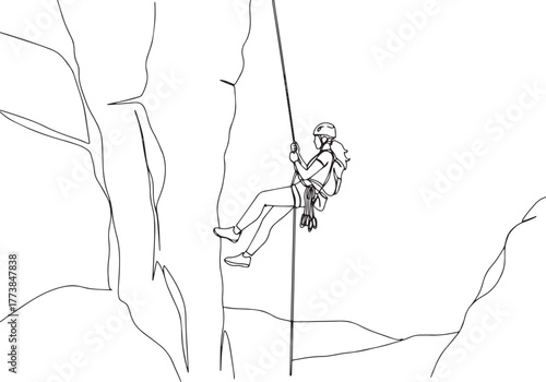 Line art of a woman rappelling down a cliff face, showcasing out