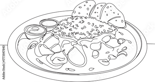 Indian Vindaloo dish continuous line art, spicy curry, rice, and