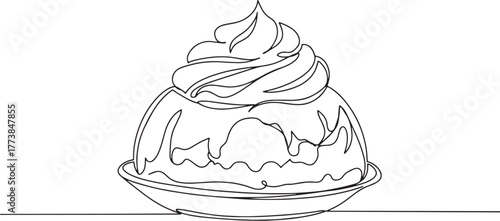 Elegant single line drawing of a baked alaska dessert on a simpl