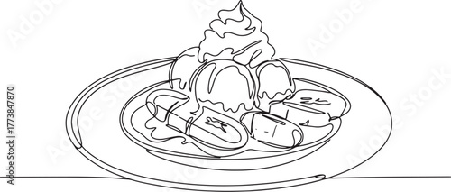 Elegant single line drawing showcases delicious bananas foster d