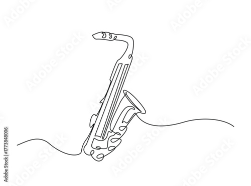 Saxophone outline draw illustration. Continuous line art drawing of Saxophone Music Intrument. Editable stroke.
