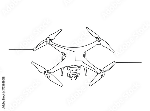 Flying Drone outline draw illustration. Continuous line art drawing of Drone Flying in the Sky. Editable stroke.