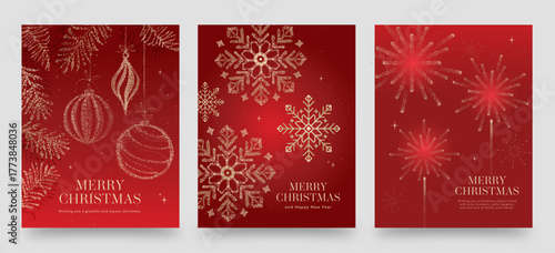 Luxury Red and Gold Christmas and New Year Flyer Poster with Glitter Snowflakes Ornaments and Fireworks