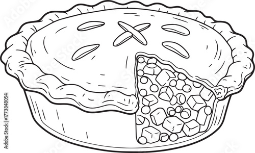 Detailed Line Art Illustration of a Classic Chicken Pot Pie with