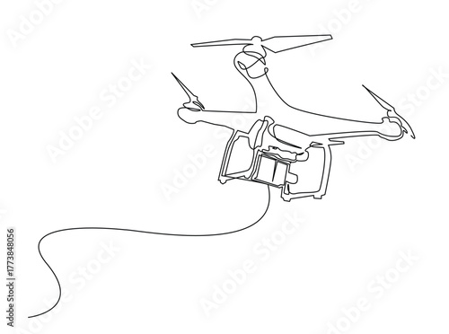 Flying Drone outline draw illustration. Continuous line art drawing of Drone Flying in the Sky. Editable stroke.