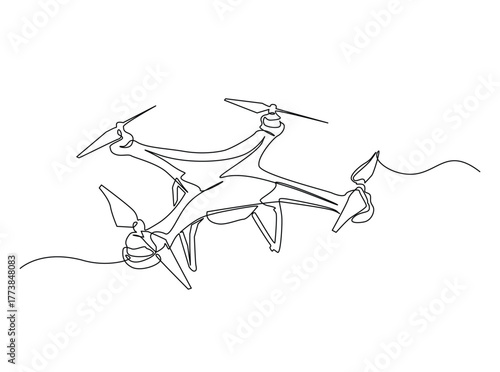 Flying Drone outline draw illustration. Continuous line art drawing of Drone Flying in the Sky. Editable stroke.