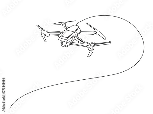 Flying Drone outline draw illustration. Continuous line art drawing of Drone Flying in the Sky. Editable stroke.