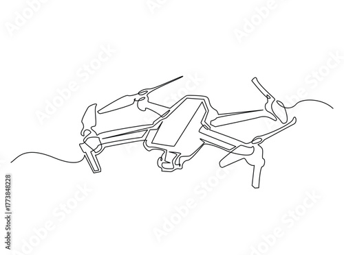 Flying Drone outline draw illustration. Continuous line art drawing of Drone Flying in the Sky. Editable stroke.