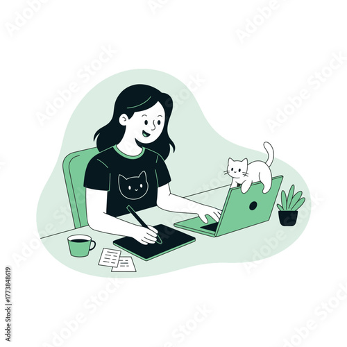 Woman working from home with cat on laptop illustration design