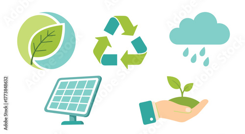 Set of Flat Design Icons Representing Ecology, Renewable Energy, and Environmental Protection
