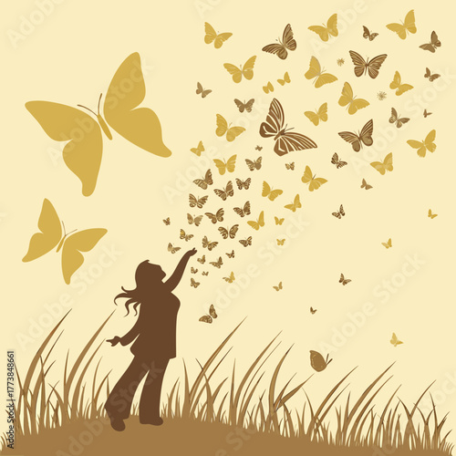 Silhouette of a woman reaching out to a swarm of golden butterflies flying upwards from grassy field