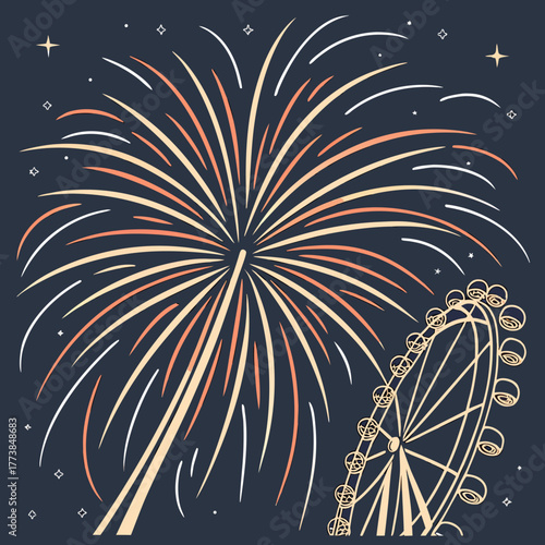 Festive night sky with a large firework explosion and a ferris wheel ride