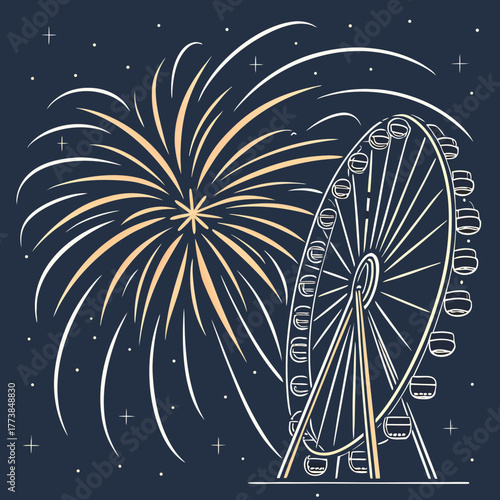 A festive ferris wheel illuminated by a vibrant fireworks display against a dark night sky
