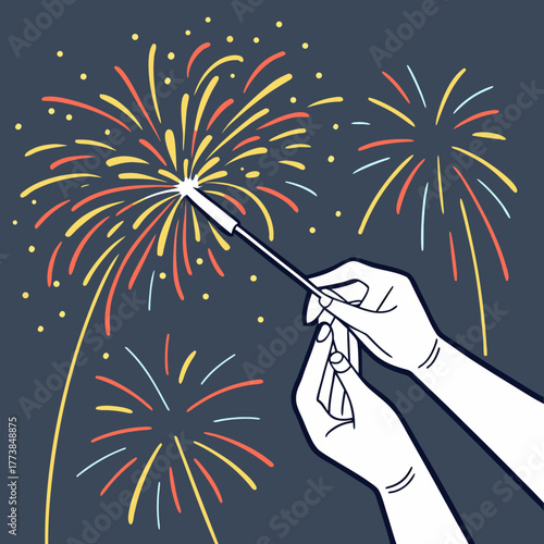 Hands holding a sparkler igniting colorful fireworks against a dark blue night sky background