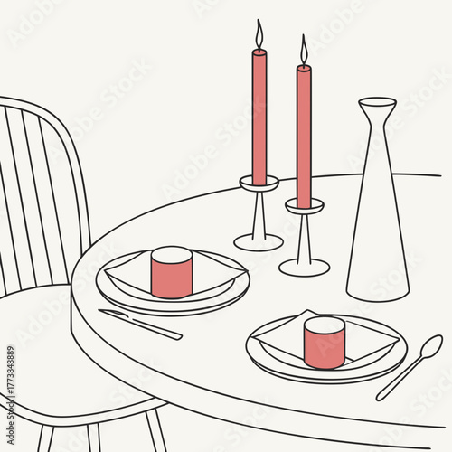 Elegant minimalist illustration of a romantic dinner setting with two place settings and lit candles