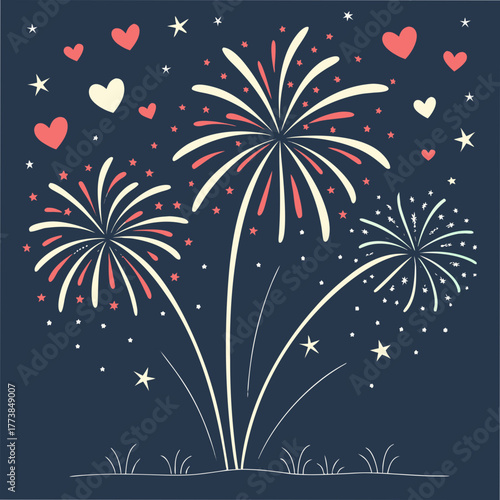 Festive fireworks display with hearts and stars illuminating the night sky above a dark blue background