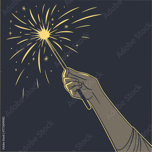 A hand holding a lit sparkler with bright yellow sparks and stars against a dark background