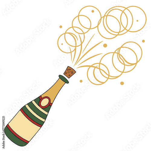 Champagne bottle popping cork with golden bubbles and celebratory spray on white background