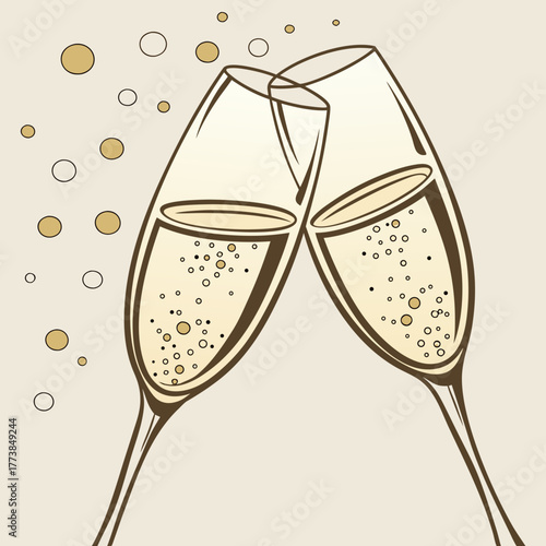 Two elegant champagne flutes toasting with sparkling bubbles and golden circles on a light beige background