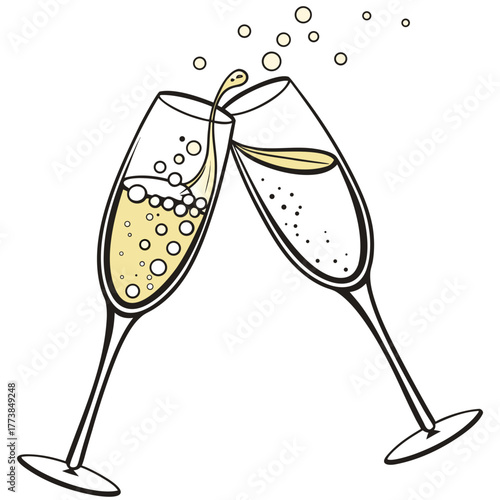 Two elegant champagne flutes clinking together with golden bubbly liquid and rising celebratory bubbles against a clean white background