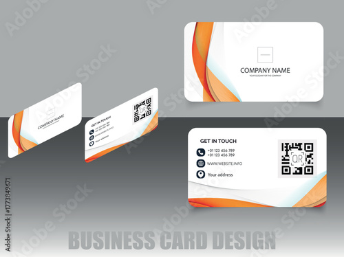 Elegant modern business card template with orange abstract wave design on white background. Professional corporate identity layout for company branding and personal contact card. Vector illustration.