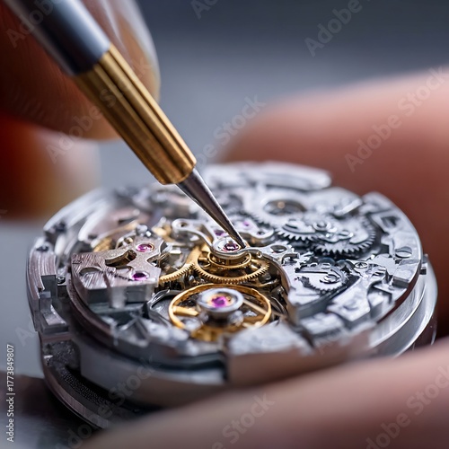 Watchmaker's hands repairing a intricate mechanical watch movement precision craftsmanship and luxury goods industry concept macro shot