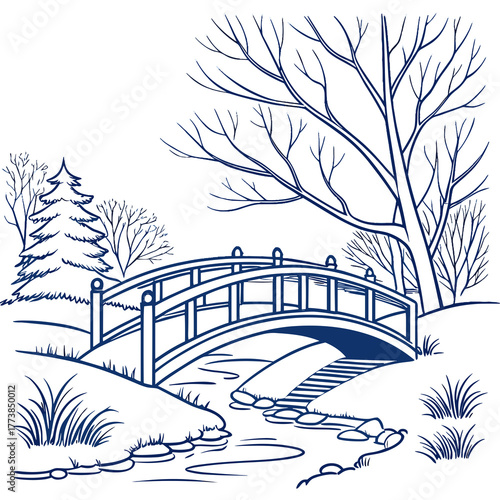 Wallpaper Mural Illustration of a wooden bridge over a snow-covered stream with bare trees, spruce, and falling snow in a winter forest. Torontodigital.ca