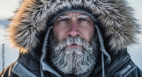 Man with Ice Covered Beard and Fur Hood in Snowy Outdoor Setting Under Harsh Lighting