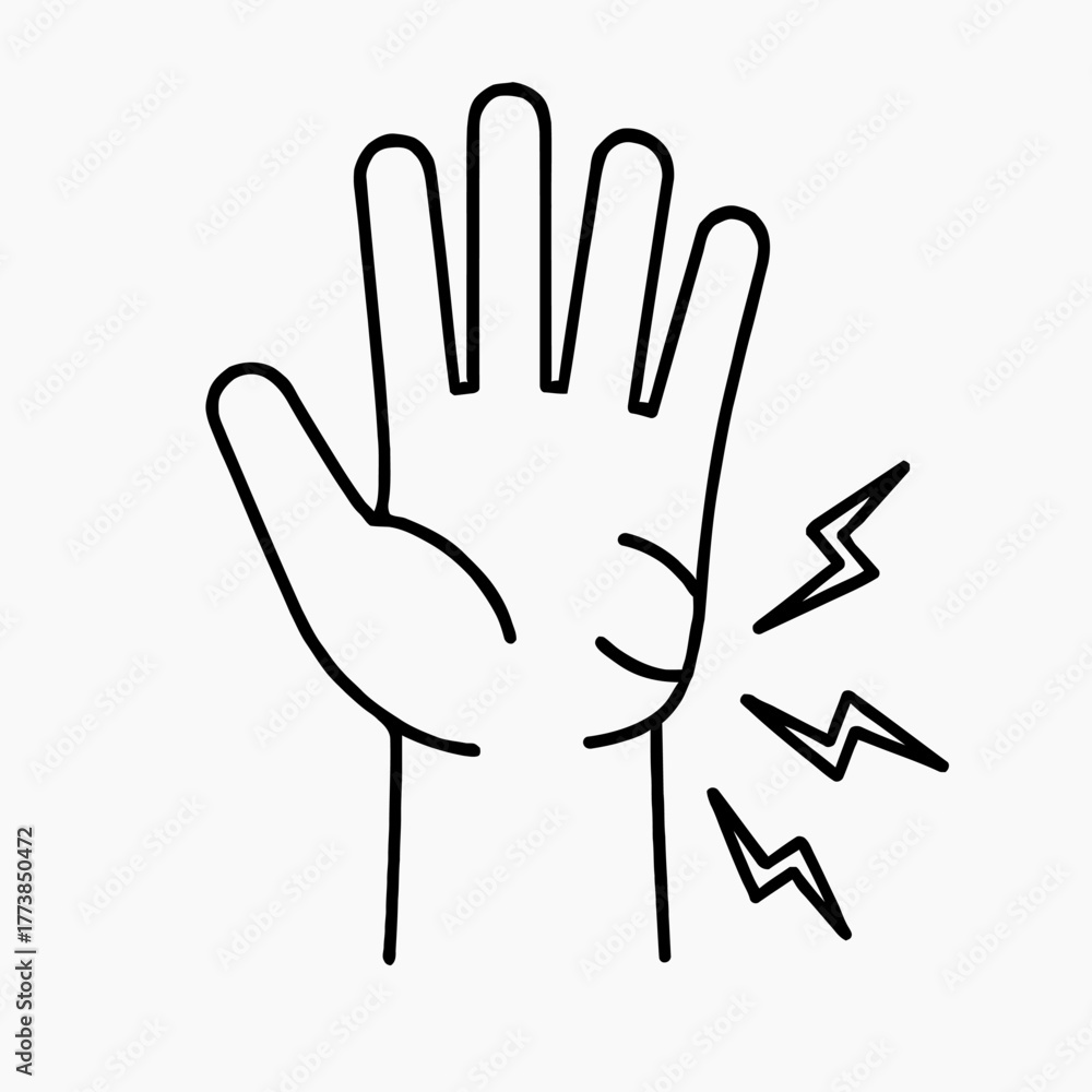 Obraz premium A minimalist black and white line art illustration depicts a human hand experiencing sharp, radiating pain in the wrist area, symbolizing injury or discomfort.