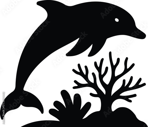 Silhouette dolphin jumping coral reef vector illustration