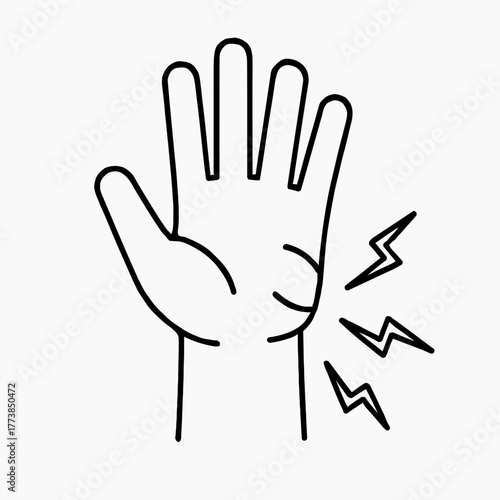 A minimalist black and white line art illustration depicts a human hand experiencing sharp, radiating pain in the wrist area, symbolizing injury or discomfort.