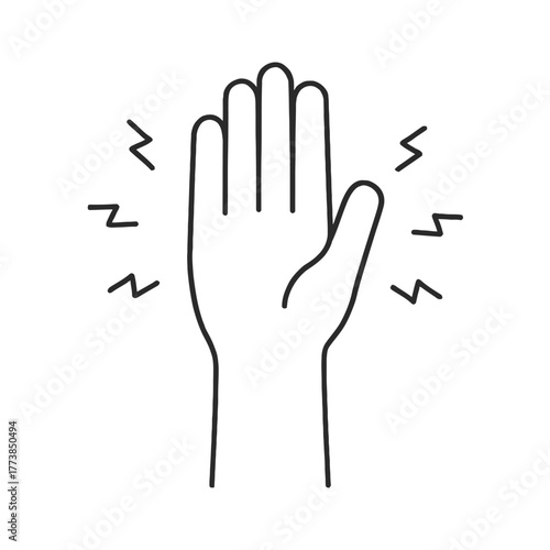A minimalist line art illustration depicts an open human hand with radiating lines, symbolizing a clear stop, warning, or emphatic high-five gesture.