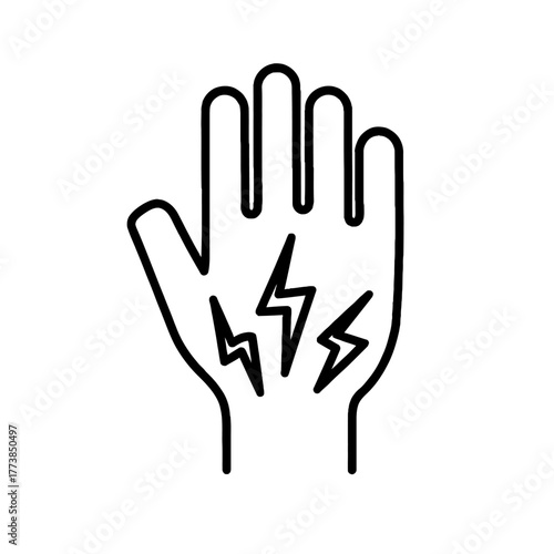This minimalist line art icon depicts a human hand experiencing sharp, radiating pain, symbolizing various medical conditions or injuries affecting the palm and fingers.