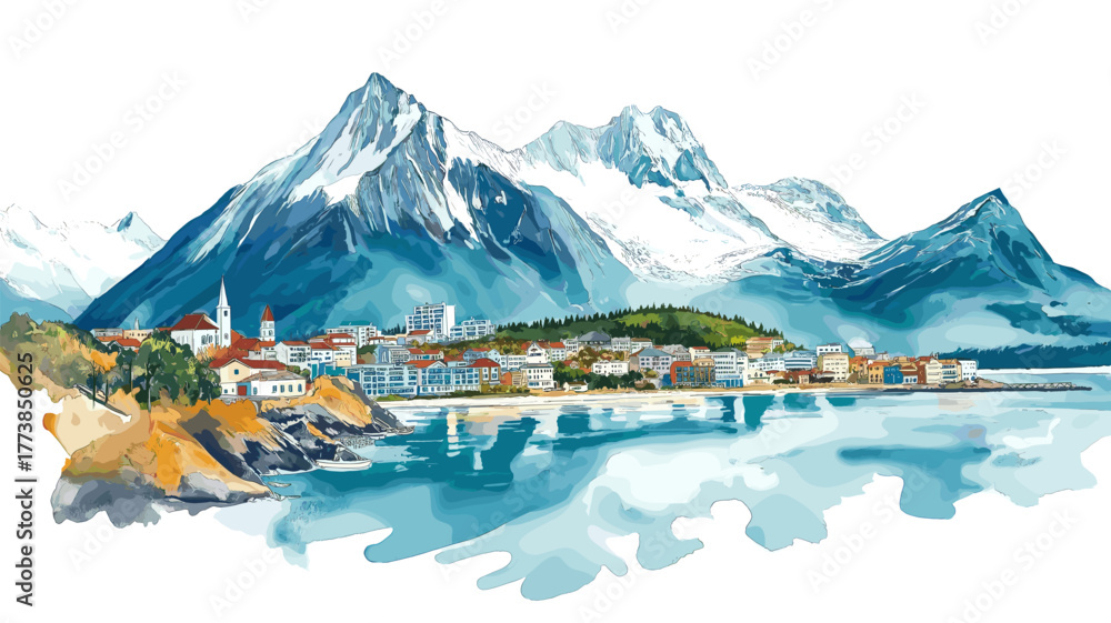 Naklejka premium Ushuaia. Ushuaia hand drawn watercolor illustration