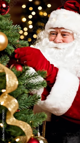 Man in festive costume decorating christmas tree