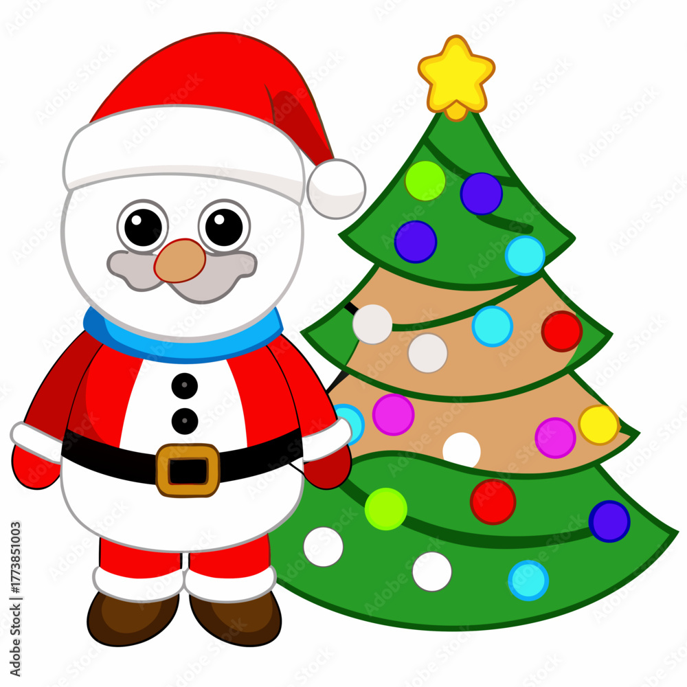 Fototapeta premium Snowman and Santa together in front of a Christmas tree covered in snow and colorful lights on white background