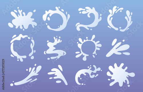 Milk splash vector shapes with drop and liquid forms in flat white design. Yogurt label elements, dynamic dairy blots and circular frames on blue backdrop for beverage branding and packaging graphics.